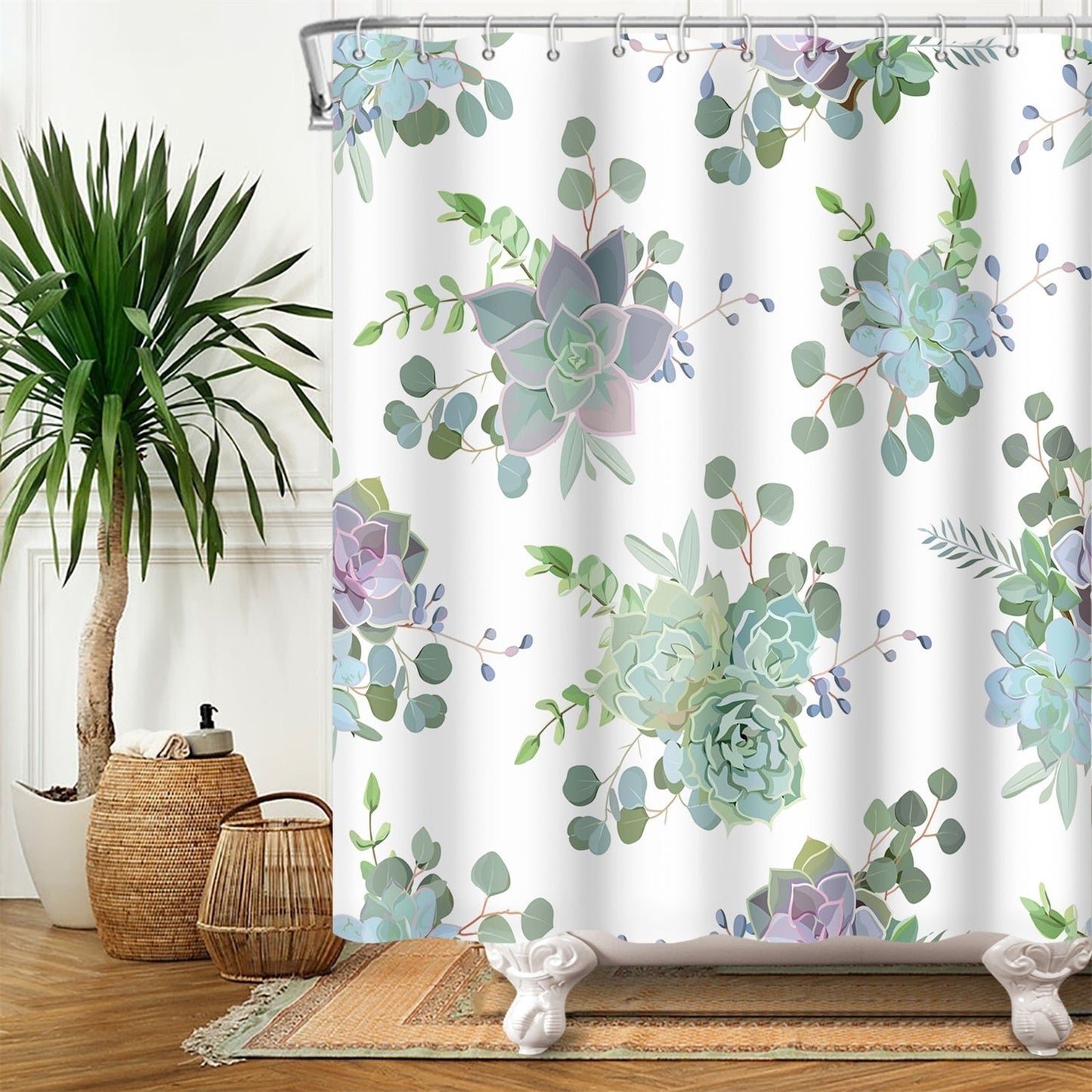 Botanical Shower Curtains with Hooks - Greens and Blues - High Street Cottage