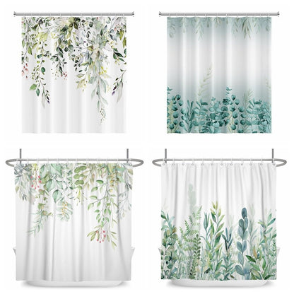 Botanical Shower Curtains with Hooks - Greens and Blues - High Street Cottage