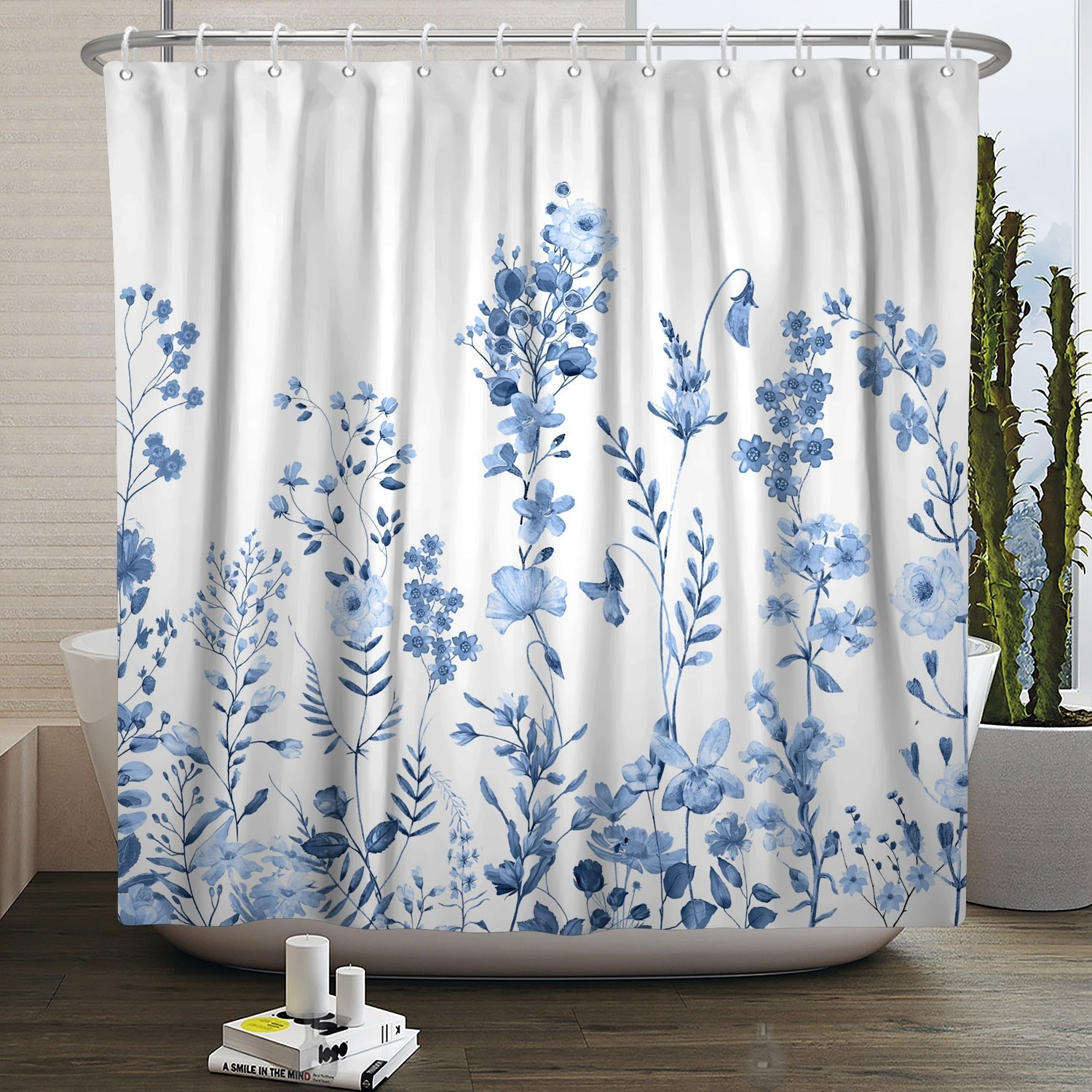 Botanical Shower Curtains with Hooks - Greens and Blues - High Street Cottage