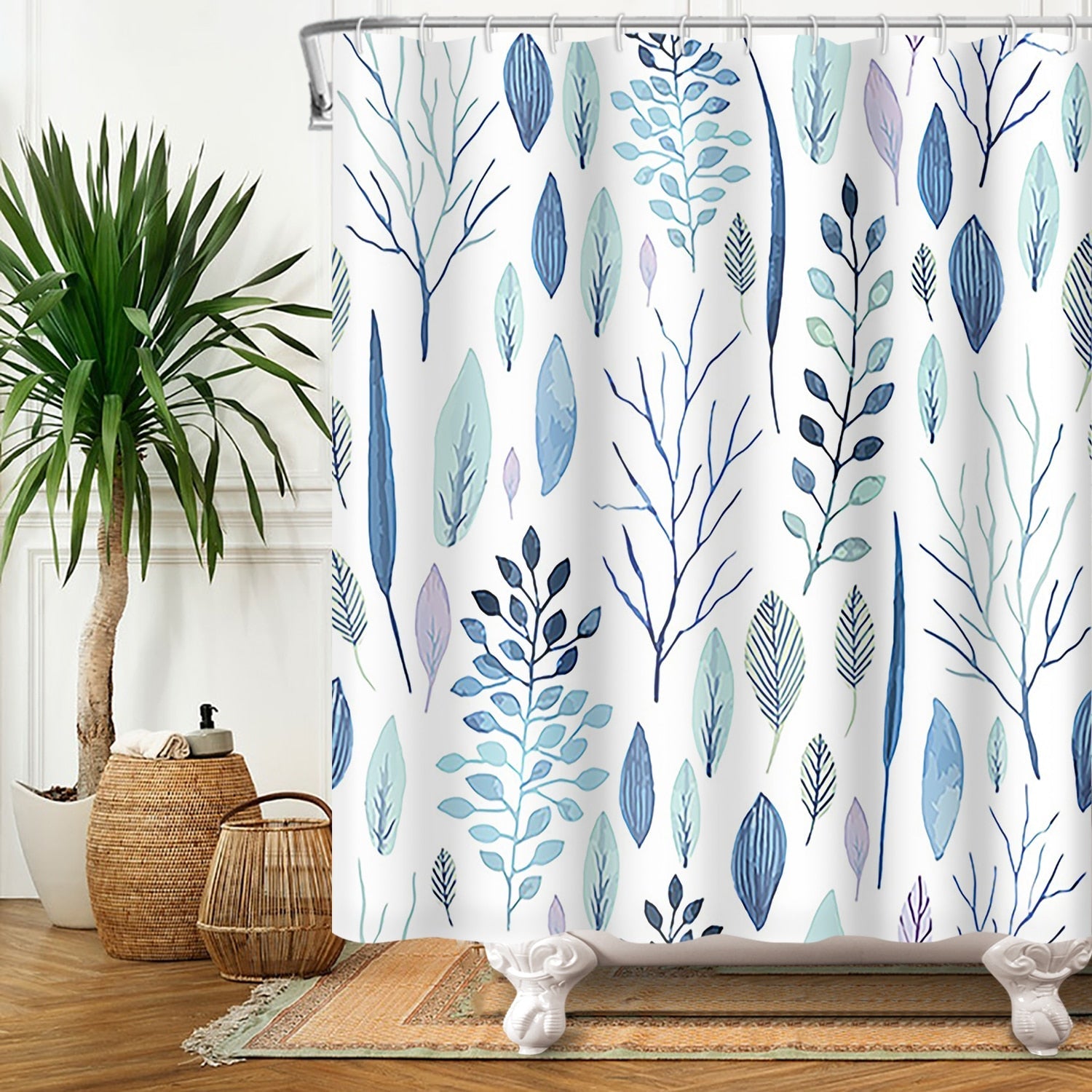 Botanical Shower Curtains with Hooks - Greens and Blues - High Street Cottage