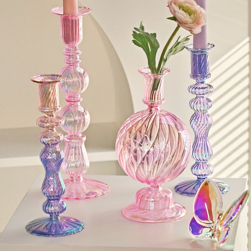 Bright Iridescent Glass Taper Candle Holders - High Street Cottage