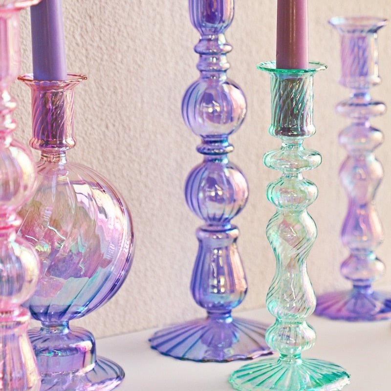 Bright Iridescent Glass Taper Candle Holders - High Street Cottage