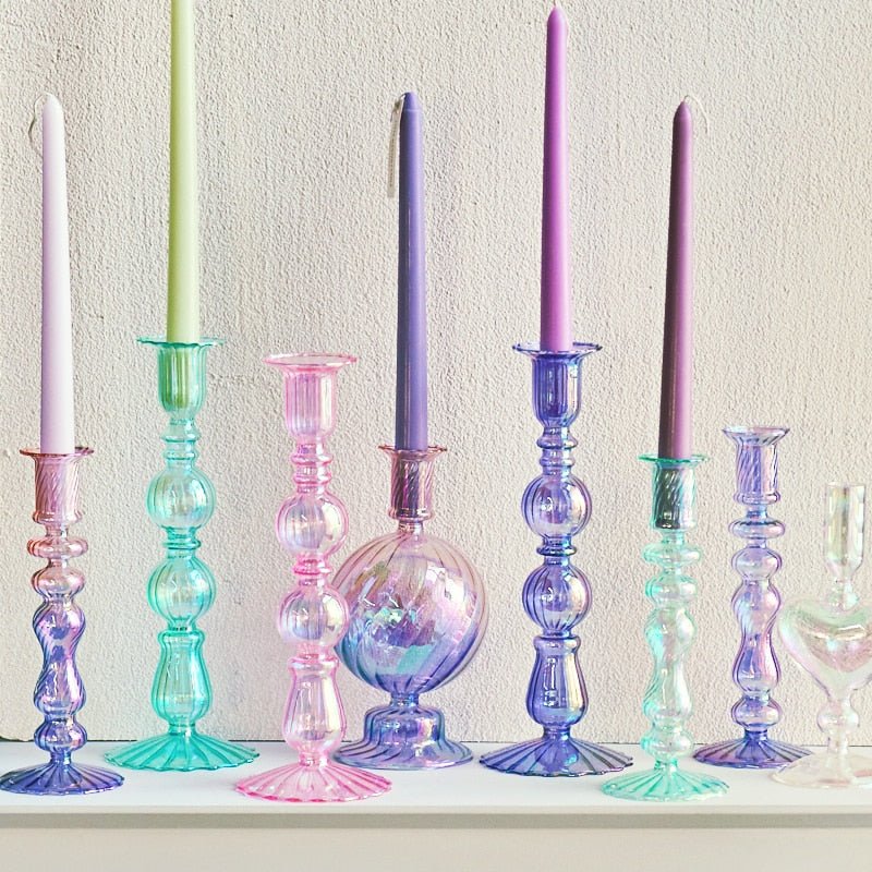 Bright Iridescent Glass Taper Candle Holders - High Street Cottage