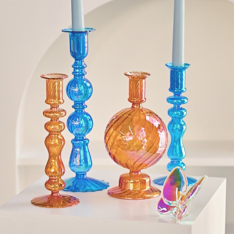 Bright Iridescent Glass Taper Candle Holders - High Street Cottage