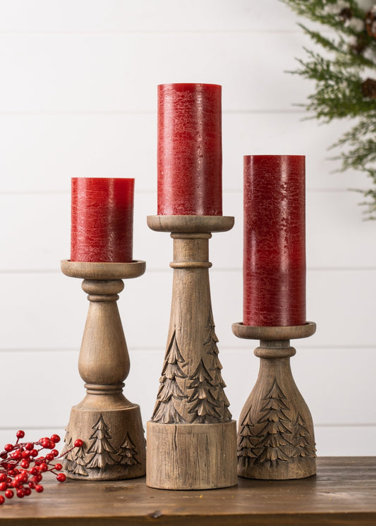 Carved Tree Pillar Candleholders - Set of 3 - High Street Cottage