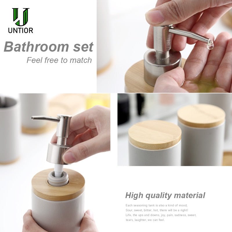 Ceramic and Bamboo Bathroom Accessory Set - High Street Cottage
