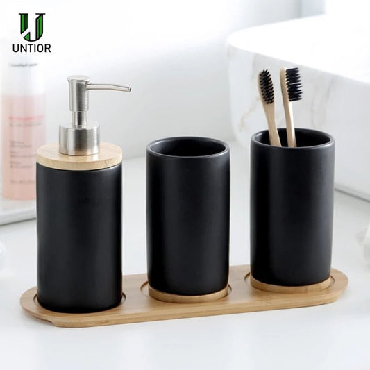 Ceramic and Bamboo Bathroom Accessory Set - High Street Cottage