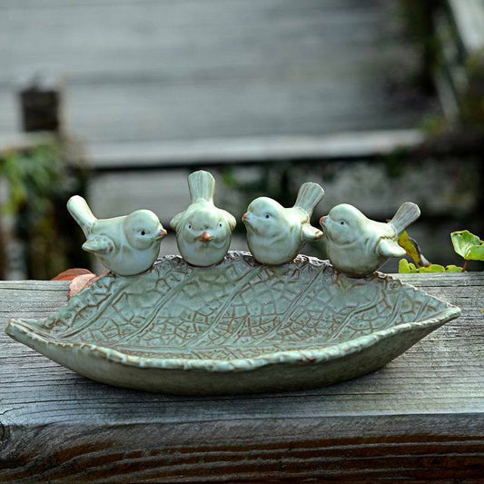 Ceramic Bird Feeder - Leaf Shaped with Songbirds - High Street Cottage