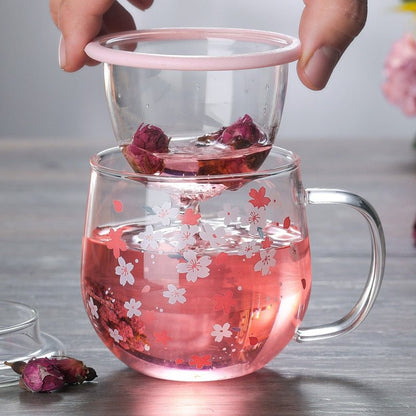 Cherry Blossom Glass Teacup with Infuser and Lid - High Street Cottage