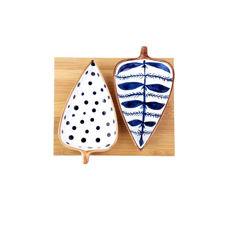 Hand Painted Ceramic Leaf Dishes With Wooden Tray - High Street Cottage