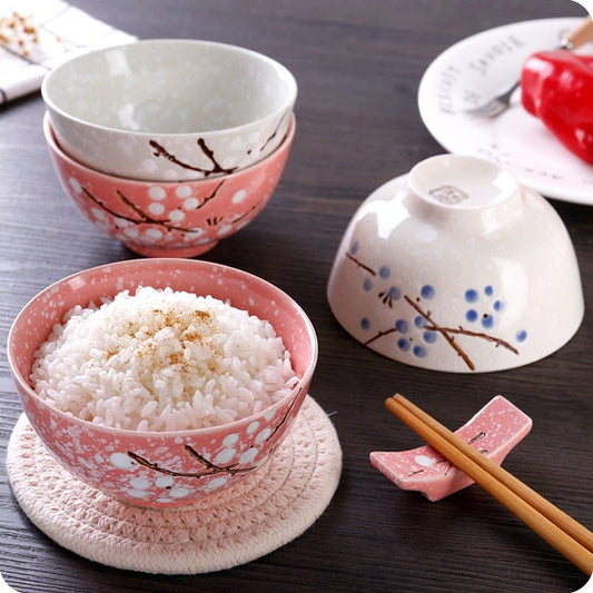 Japanese Style Ceramic Floral Rice Bowls - High Street Cottage