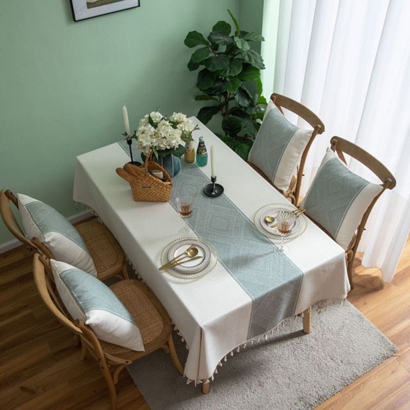 Striped Linen Tablecloth with Tassel Detail - High Street Cottage